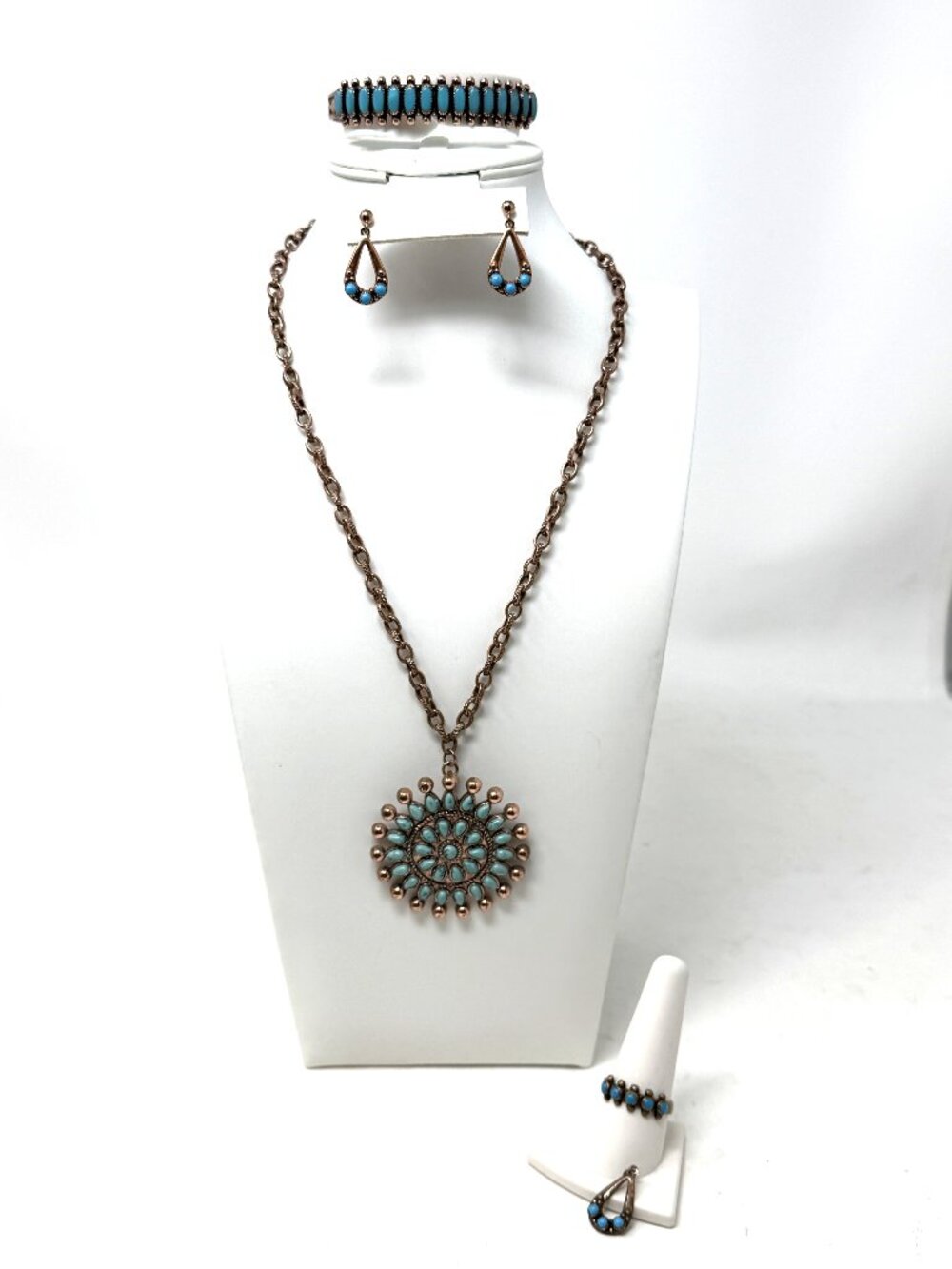 Vtg Wheeler Co. Copper & Turquoise-Color Jewelry Lot– Cuff Ring Earrings Pendant